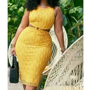 Eloquii Yellow Crochet Cut Out Side Sleeveless Coverup Knee Length Midi Dress